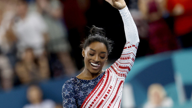 Simone Biles of the USA reacts during the Women Team final of the Artistic Gymnastics competitions in the Paris 2024 Olympic Games